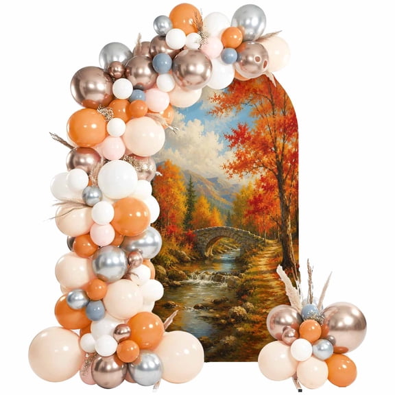 Fall Landscape Arch Backdrop Covers 7.2 FT, Forest Golden Orange Maple Trees River Valley Path Country Stretchy Fitted Arched Stand Covers Party Arch Stand Cover Photo Booth for Wedding Birthday