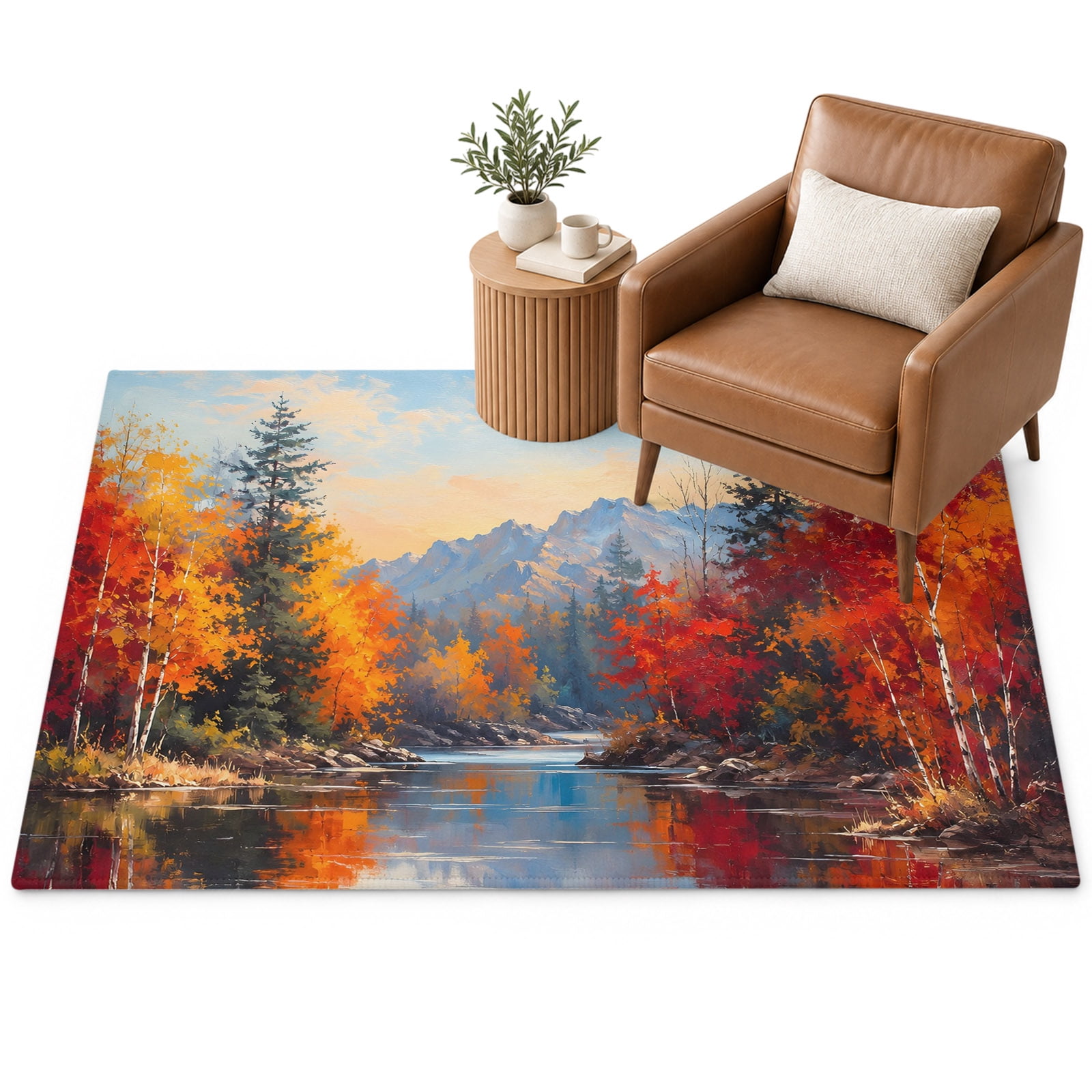 Fall Landscape Area Rug 4'x6', Serene Lake Orange Maple Trees Forest ...