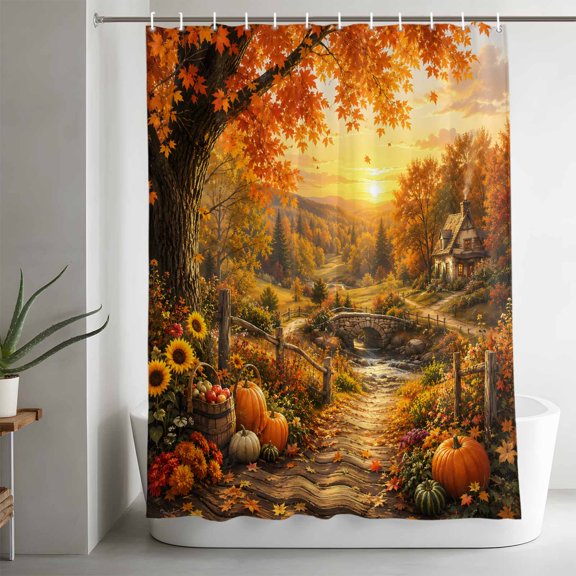 Fall Landscape Bathroom Shower Curtain, Orange Gold Maple Leaf Pumpkins Tree Rustic Countryside Waterproof Washable Soft Bath Curtain for Bathtub Decor with 12 Hooks&Grommet, 72x72in