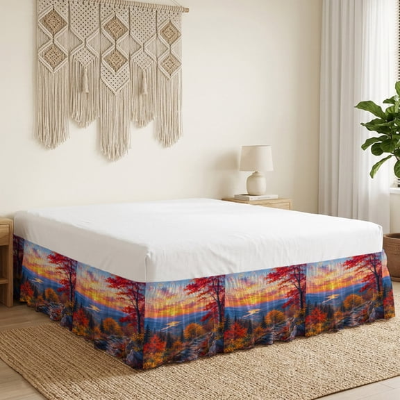 Fall Landscape Bed Skirt Bed Skirts Queen Size 16 Inch Drop, Sunset Serene Red Orange Maple Trees Forest Mountain Wrap Around Dust Ruffle Bedskirt with Adjustable Elastic Belt for Queen Size Beds