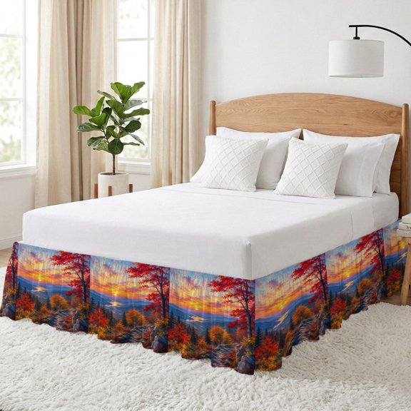 Fall Landscape Bed Skirt California King Size 16 Inch Drop, Sunset Serene Red Orange Maple Trees Forest Mountain Adjustable Elastic Dust Ruffles Bedskirt Wrap Around Pleated Mattress Frame Cover