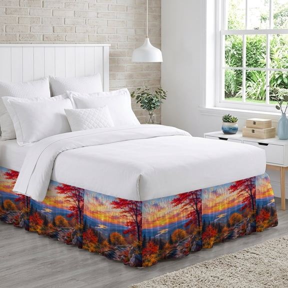 Fall Landscape Bed Skirt Queen Size 16 Inch Drop, Sunset Serene Red Orange Maple Trees Forest Mountain Adjustable Elastic Dust Ruffles Bedskirt for Queen Bed Wrap Around Pleated Mattress Frame Cover
