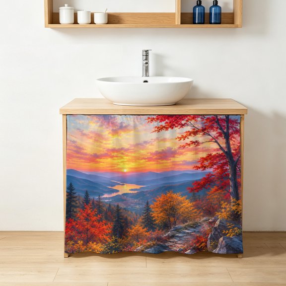 Fall Landscape Cabinet Curtains 10"W x 11"L, Sunset Serene Red Orange Maple Trees Forest Mountain Under-Desk Privacy Dust Proof Drape Dishwasher Curtain Sink Skirt for Kitchen Closet Bathroom Laundry