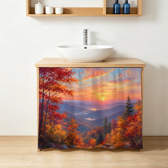 Fall Landscape Cabinet Curtains 10"Wx11"L, Sunset Serene Orange Maple Trees Forest Mountain Peak Under-Desk Privacy Dust Proof Drape Dishwasher Curtain Sink Skirt for Kitchen Closet Bathroom Laundry