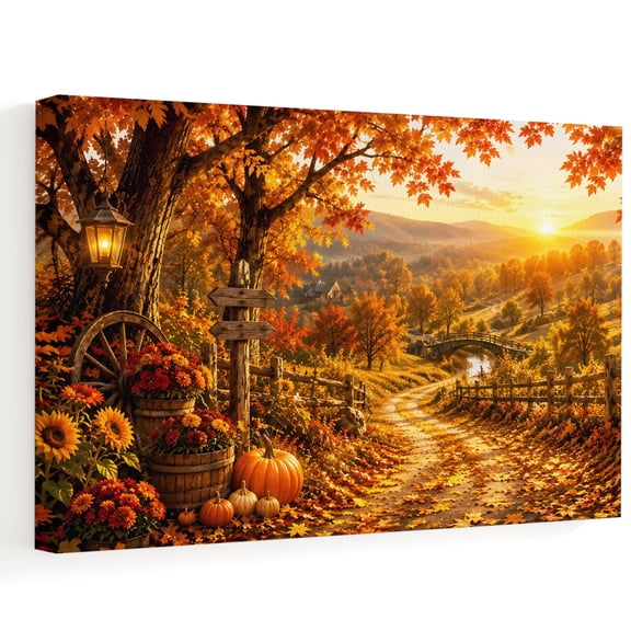 Fall Landscape Canvas Wall Art 10" x 8" Orange Golden Maple Leaf Pumpkins Tree Sunset Frame Picture Prints, Ready to Hang Waterproof Artwork Decor for Bathroom, Kitchen Small Wall Spaces