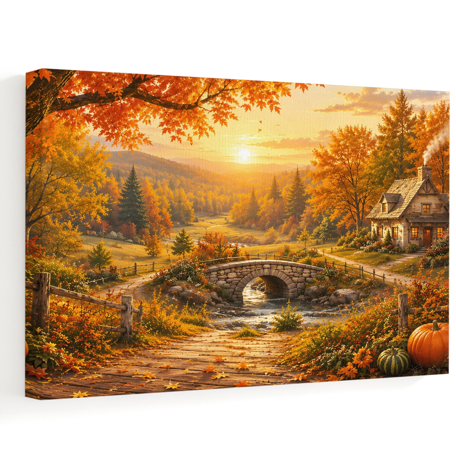 Fall Landscape Canvas Wall Art 24" x 20" Orange Gold Maple Leaf ...