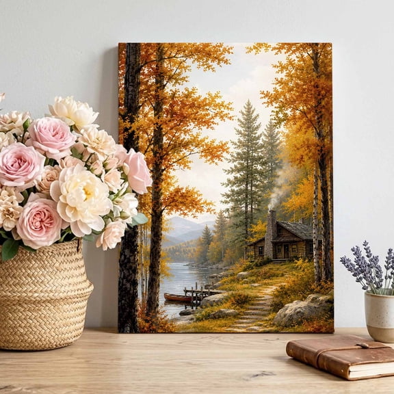Fall Landscape Canvas Wall Art, Lakeside Orange Maple Trees Forest Row Boat Framed Canvas Wall Decor Picture Print Artwork Decorations for Living Room Office Ready to Hang 36" x 24"