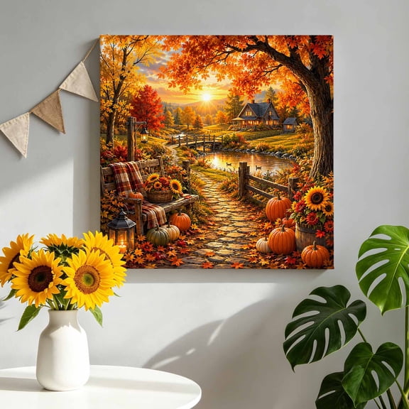 Fall Landscape Canvas Wall Art for Living Room, Lakeside Orange Golden Maple Leaf Pumpkins Tree Rustic Poster Print Painting for Bedroom Office Home Decoration Wall Pictures Prepare To Hang 8"x8"