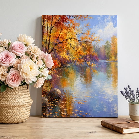 Fall Landscape Canvas Wall Art for Living Room, Orange Red Maple Leaf Lake Tree Oil Painting Style Poster Print Painting for Bedroom Office Home Decoration Wall Pictures Prepare To Hang 22"x28"