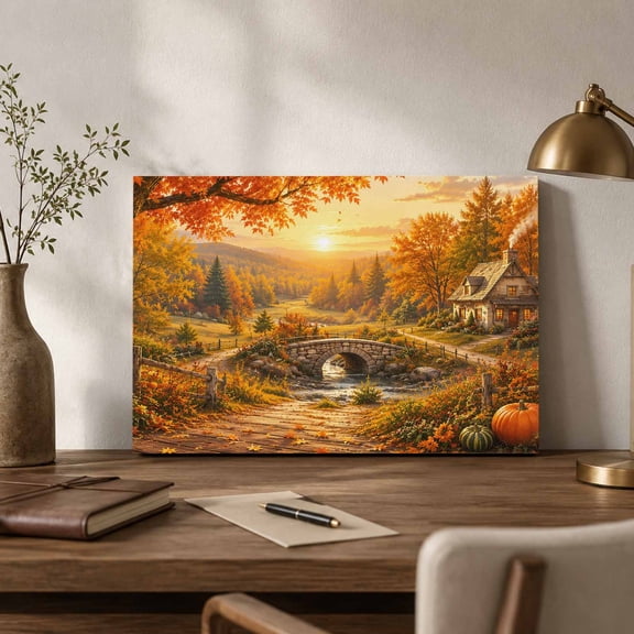 Fall Landscape Canvas Wall Art, Orange Gold Maple Leaf Pumpkins Tree Rustic Countryside Wall Art Prints Artwork Framed Canvas Ready to Hang Art Pictures for Bathroom Nightstand Hallway 14"x11"