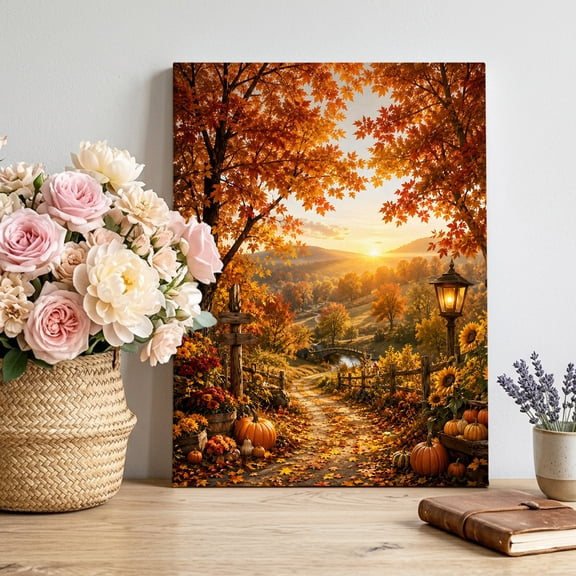 Fall Landscape Canvas Wall Art, Orange Golden Maple Leaf Pumpkins Tree Sunset Framed Canvas Wall Decor Picture Print Artwork Decorations for Living Room Office Ready to Hang 30" x 20"