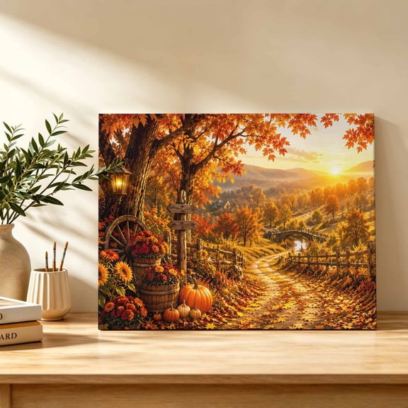 Fall Landscape Canvas Wall Art, Orange Golden Maple Leaf Pumpkins Tree Sunset Wall Art Prints Artwork Framed Canvas Ready to Hang Art Pictures for Bathroom, Dressing Table, Entryway 12" x 8"