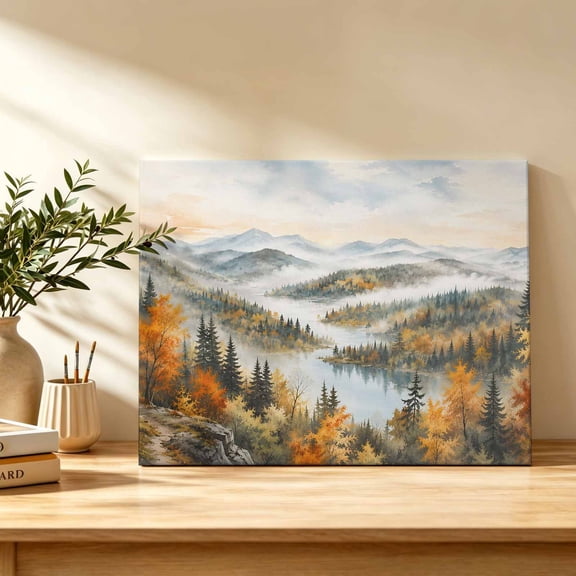 Fall Landscape Canvas Wall Art, Orange Maple Trees Forest Fog Wilderness Wall Art Prints Artwork Framed Canvas Ready to Hang Art Pictures for Bathroom Bedroom Entry Desk Corner 10" x 8"