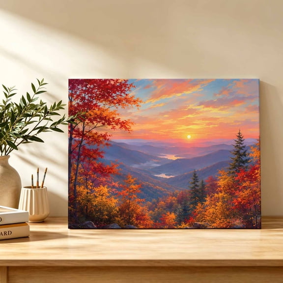 Fall Landscape Canvas Wall Art, Sunset Serene Orange Maple Trees Forest Mountain Peak Wall Art Prints Artwork Framed Canvas Ready to Hang Art Pictures for Bedroom Living Room Closet Kitchen 16" x 12"