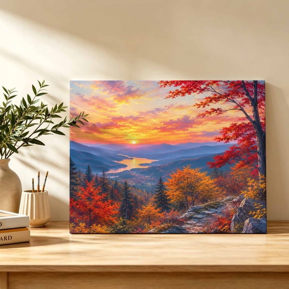 Fall Landscape Canvas Wall Art, Sunset Serene Red Orange Maple Trees Forest Mountain Wall Art Prints Artwork Framed Canvas Ready to Hang Art Pictures for Bathroom Bedroom Entry Desk Corner 10" x 8"