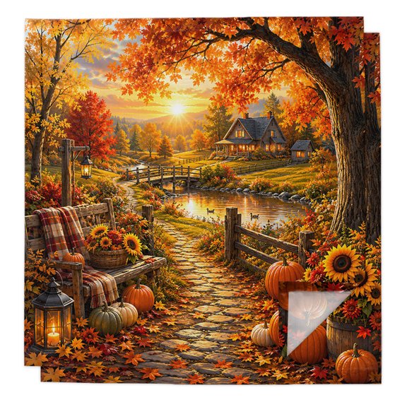 Fall Landscape Cloth Napkins Set of 2 Lakeside Orange Golden Maple Leaf Pumpkins Tree Rustic Soft Washable Square Dinner Napkins for Party Wedding Restaurant Hotel Cocktail 20x20 Inch