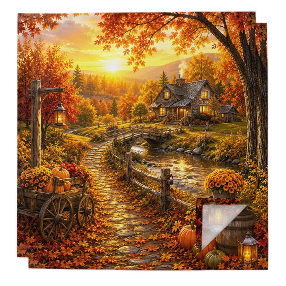 Fall Landscape Cloth Napkins Set of 2 Orange Golden Maple Leaf Pumpkins Tree Stone Pathway Soft Washable Square Dinner Napkins for Party Wedding Restaurant Hotel Cocktail 20x20 Inch