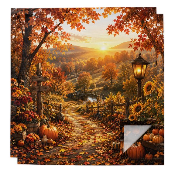 Fall Landscape Cloth Napkins Set of 2 Orange Golden Maple Leaf Pumpkins Tree Sunset Soft Washable Square Dinner Napkins for Party Wedding Restaurant Hotel Cocktail 20x20 Inch