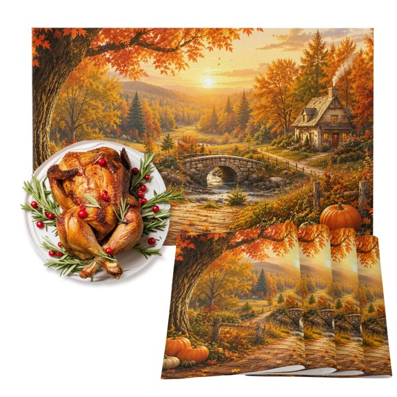 Fall Landscape Cotton Linen Placemats Set of 1, Orange Gold Maple Leaf Pumpkins Tree Rustic Countryside Washable Table Place Mats Heat Insulating Placemat for Dining Room Kitchen 13 x 19 Inch