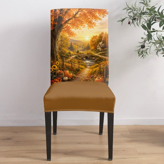 Fall Landscape Dining Chair Covers Set of 2, Orange Gold Maple Leaf Pumpkins Tree Rustic Countryside Chair Covers for Dining Room Removable Seat Protectors Slipcovers for Home Party Wedding Banquet
