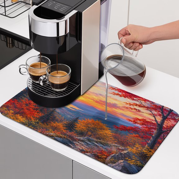 Fall Landscape Dish Drying Mats for Kitchen Counter, Sunset Serene Red Orange Maple Trees Forest Mountain Absorbent Coffee Bar Mat with Non-slip Rubber Backed Quick Drying Dish Rack Pad 16"x24"