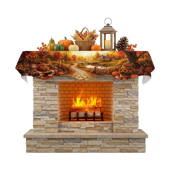 Fall Landscape Fireplace Mantle Scarf Lakeside Orange Golden Maple Leaf Pumpkins Tree Rustic Mantel Cover Runner Fireplace Cloth for Holiday Party Home Living Room Decor 60 x 17 Inch