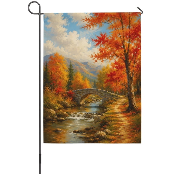 Fall Landscape Garden Flag 12 x 18 Inches, Forest Golden Orange Maple Trees River Valley Path Country Weather Proof Outdoor Patio Flags Double Sided Small Garden Decoration for Yard Outside Home