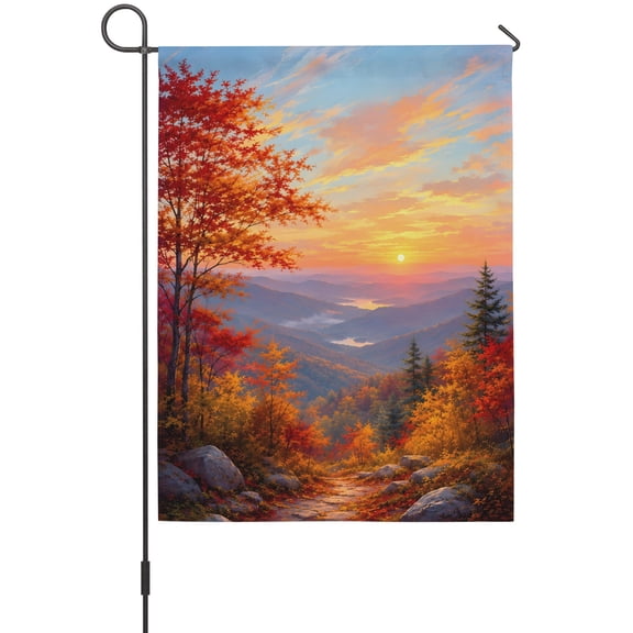 Fall Landscape Garden Flag 12 x 18 Inches, Sunset Serene Orange Maple Trees Forest Mountain Peak Weather Proof Outdoor Patio Flags Double Sided Small Garden Decoration for Yard Outside Home