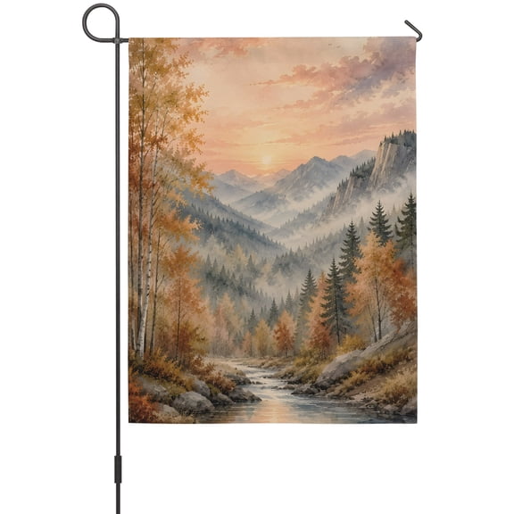 Fall Landscape Garden Flag 12x18 Inch Orange Maple Trees Forest Mountain Peak Double Sided Outdoor Garden Flags Welcome House Flag Decorative Yard Flags for Outside Holiday Decoration