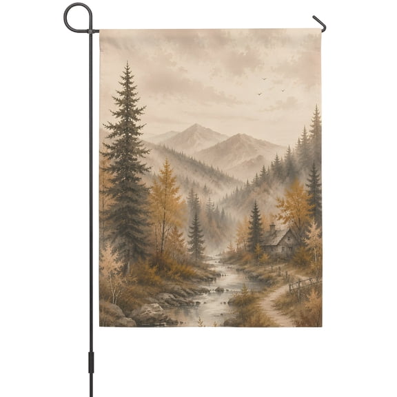 Fall Landscape Garden Flags For Outdoor, Misty Mountains Brown Trees Forest Fog Country Cabin Small Double Side Yard Flags Weather Proof Garden Decor for Lawn Outside Holiday 12 x 18 Inches