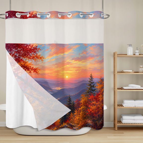 Fall Landscape No Hook Shower Curtain with Snap in Liner, Sunset Serene Orange Maple Trees Forest Mountain Peak Waterproof Shower Curtains with See Through Top Window Liner for Bathroom, 72x72 Inches