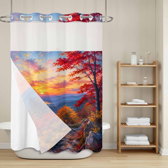 Fall Landscape No Hook Shower Curtain with Snap in Liner, Sunset Serene Red Orange Maple Trees Forest Mountain Waterproof Shower Curtains with See Through Top Window Liner for Bathroom, 72x84 Inches