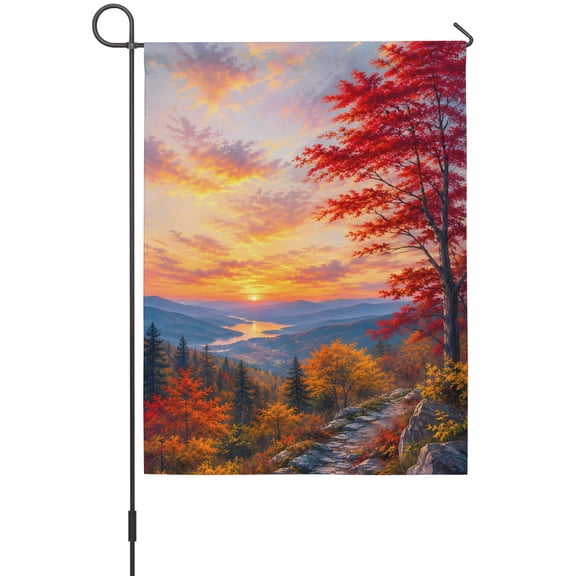Fall Landscape House Flags For Outdoor, Sunset Serene Red Orange Maple Trees Forest Mountain Small Double Side Yard Flags Weather Proof House Decor for Lawn Outside Holiday 28 x 40 Inches