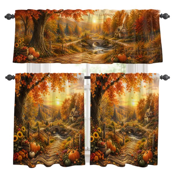 Fall Landscape Kitchen Curtains Valances 3 Pcs Set, Orange Gold Maple Leaf Pumpkins Tree Rustic Countryside Rod Pocket Tier Curtain and Valance Drapes for Small Window 24 Inch Length for Bedroom Cafe