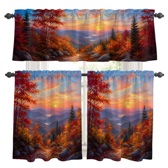 Fall Landscape Kitchen Curtains and Valances Set, Sunset Serene Orange Maple Trees Forest Mountain Peak Rod Pocket Window Valance Window Curtain Panels for Living Room Bedroom, 27.5x36in, 3 Pieces