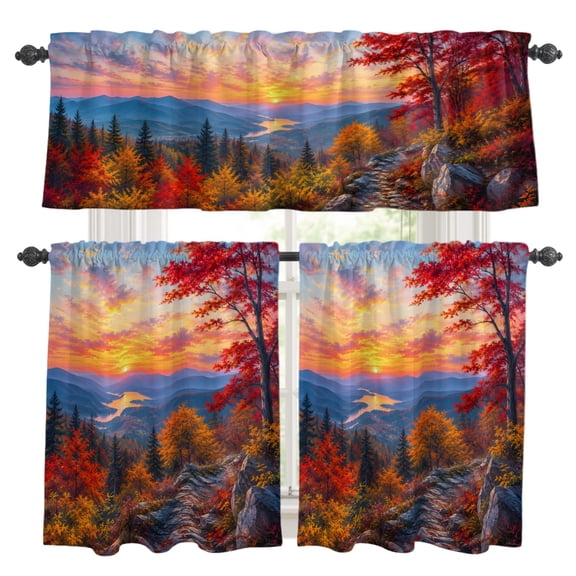 Fall Landscape Kitchen Curtains and Valances Set, Sunset Serene Red Orange Maple Trees Forest Mountain Rod Pocket Window Valance Window Curtain Panels for Living Room Bedroom, 27.5x24in, 3 Pieces