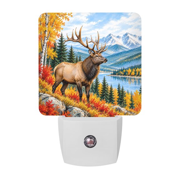 Fall Landscape LED Night Light, Rustic Elk Mountain Lake Orange Woodland Night Lights plug into Wall with Smart Sensor Dusk to Dawn Sensor for Nursery Bedroom 2.95x4.5in