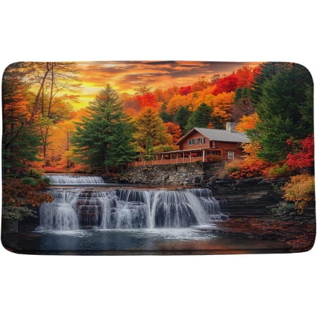 Fall Landscape Memory Foam Bath Mat Forest Waterfall Autumn Nature Rug 16x24 Inch Multicolor for Bathroom or Kitchen