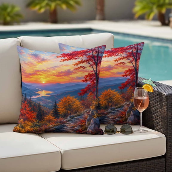 Fall Landscape Outdoor Waterproof Throw Pillow Covers Set of 2, 16"x16", Sunset Serene Red Orange Maple Trees Forest Mountain Decorative Pillow Covers Outside Cushion Case for Patio Porch Garden