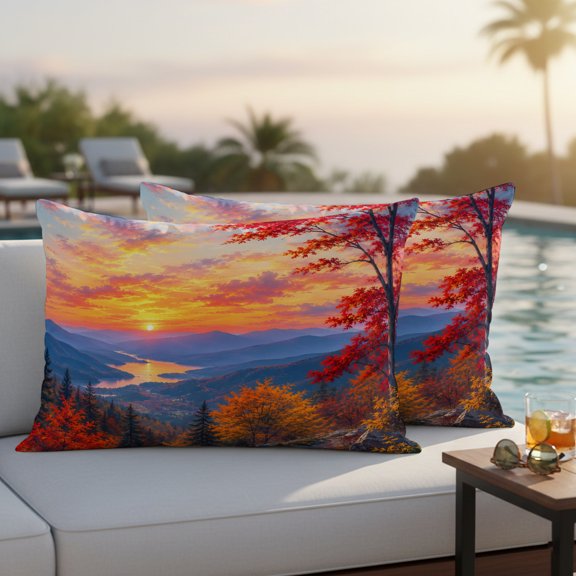 Fall Landscape Outdoor Waterproof Throw Pillow Covers Set of 2, 20"x12", Sunset Serene Red Orange Maple Trees Forest Mountain Decorative Pillow Covers Outside Cushion Case for Patio Porch Garden
