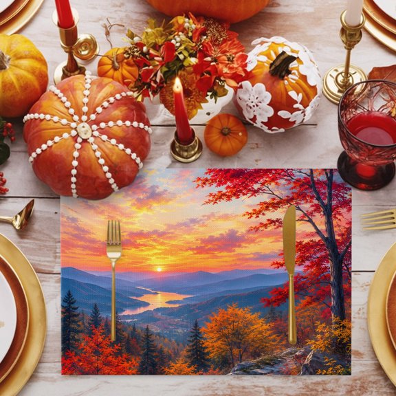 Fall Landscape Placemats Set of 1, Sunset Serene Red Orange Maple Trees Forest Mountain Non-Slip Place Mats Washable Table Mats for Kitchen Dining Table Decorations Indoor/Outdoor