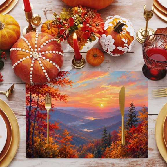 Fall Landscape Placemats Set of 12, Sunset Serene Orange Maple Trees Forest Mountain Peak Non-Slip Place Mats Washable Table Mats for Kitchen Dining Table Decorations Indoor/Outdoor