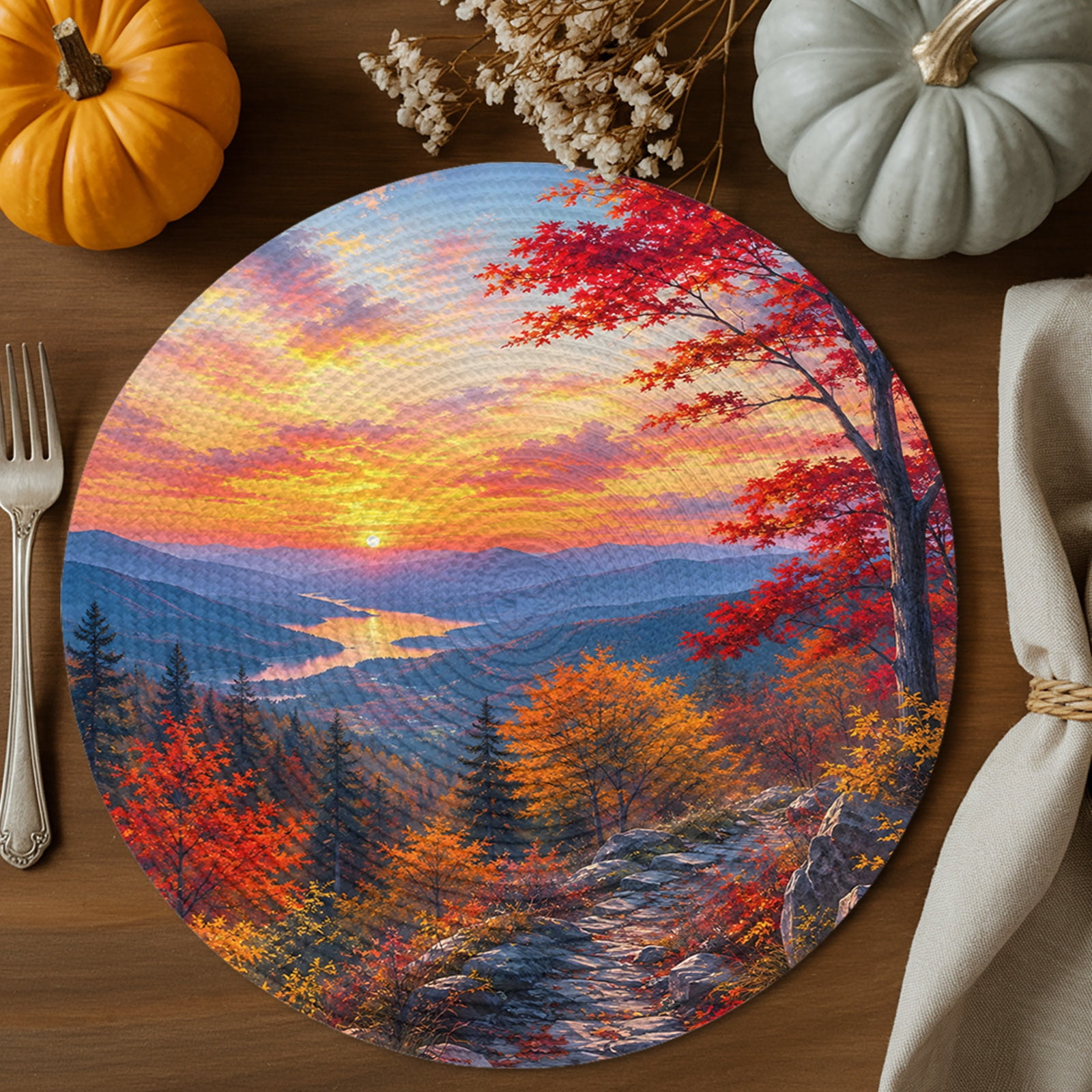 Fall Landscape Round Braided Placemats Set of 1, Sunset Serene Red ...