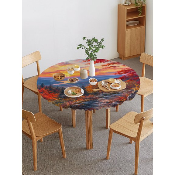 Fall Landscape Round Fitted Tablecloth with Elastic Edge, Sunset Serene Red Orange Maple Trees Forest Mountain Waterproof Stretch Table Covers for 55"-60" Tables Wipeable Table Cloth for Outdoor