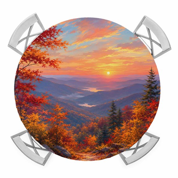 Fall Landscape Round Table Cover, Sunset Serene Orange Maple Trees Forest Mountain Peak Waterproof Fitted Tablecloths for 36"-44" Tables, Washable Picnic Table Cover for Camping Dining Indoor Outdoor