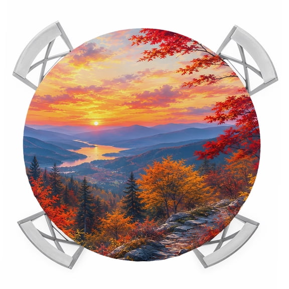 Fall Landscape Round Table Cover, Sunset Serene Red Orange Maple Trees Forest Mountain Waterproof Fitted Tablecloths for 36"-44" Tables, Washable Picnic Table Cover for Camping Dining Indoor Outdoor