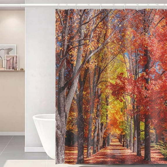 Fall Landscape Scenery Shower Curtain for Bathroom Forest Maple Trees Leaves Room Partition Stall Bathtub Decor Autumn Park Path Fabric Waterproof Shower Curtains with Hooks 72x84 inches