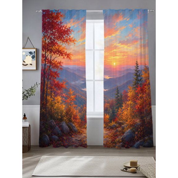 Fall Landscape Sheer Curtains 108 inches Long, Sunset Serene Orange Maple Trees Forest Mountain Peak Light Filtering Sheer Window Curtains Rod Pocket Voile Drapes for Bedroom Living Room, 2 Panels