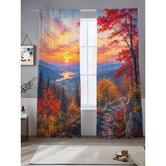 Fall Landscape Sheer Curtains 96 inches Long, Sunset Serene Red Orange Maple Trees Forest Mountain Light Filtering Sheer Window Curtains Rod Pocket Voile Drapes for Bedroom Living Room, 2 Panels