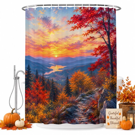 Fall Landscape Shower Curtain for Bathroom, Sunset Serene Red Orange Maple Trees Forest Mountain Waterproof Cloth Fabric Bathroom Accessories Set with 9 Rust Proof Plastic Hooks, 36"x72"